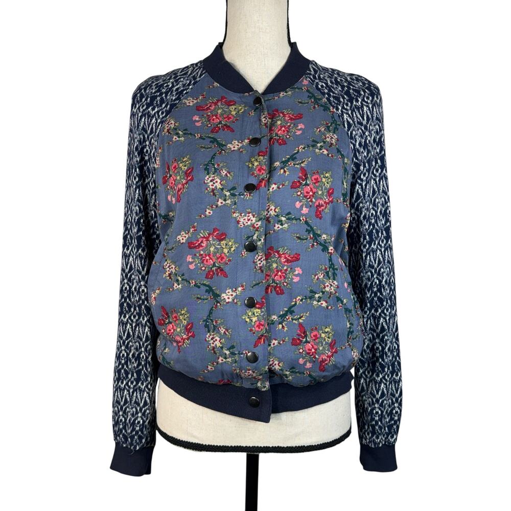 Free People Small Bomber Jacket Snap Front Floral Lined Pockets Long Sleeves